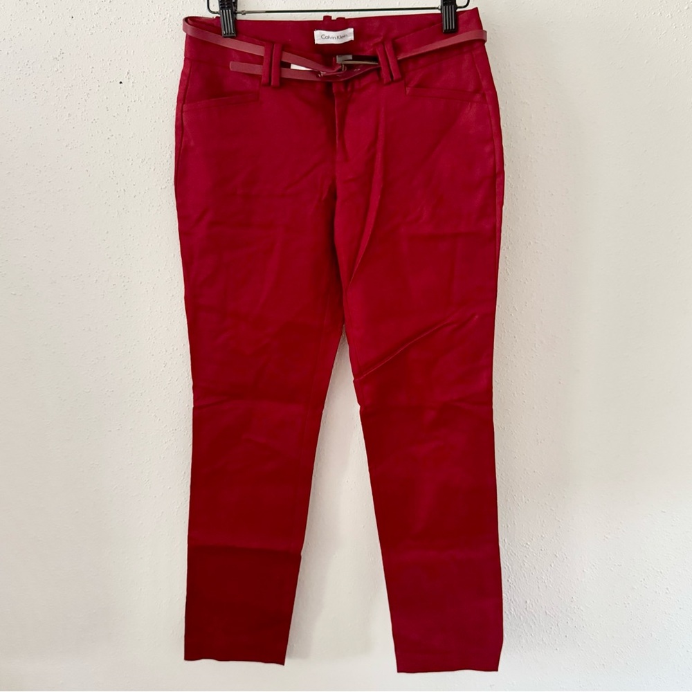 CALVIN KLEIN Red Burgundy Belted Mid-Rise Ankle Trouser Pants Women's Size